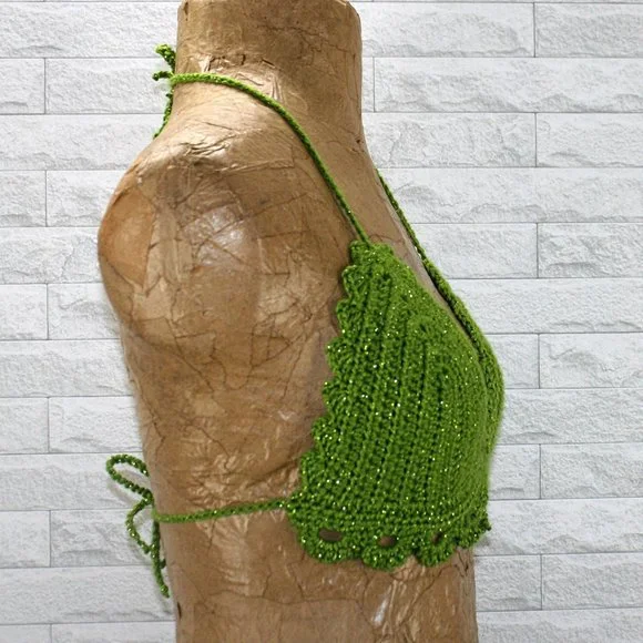 HAND CRAFTED Cropped Top Crochet Bikini Green Metallic Festival Fashion Various - Picture 3 of 9